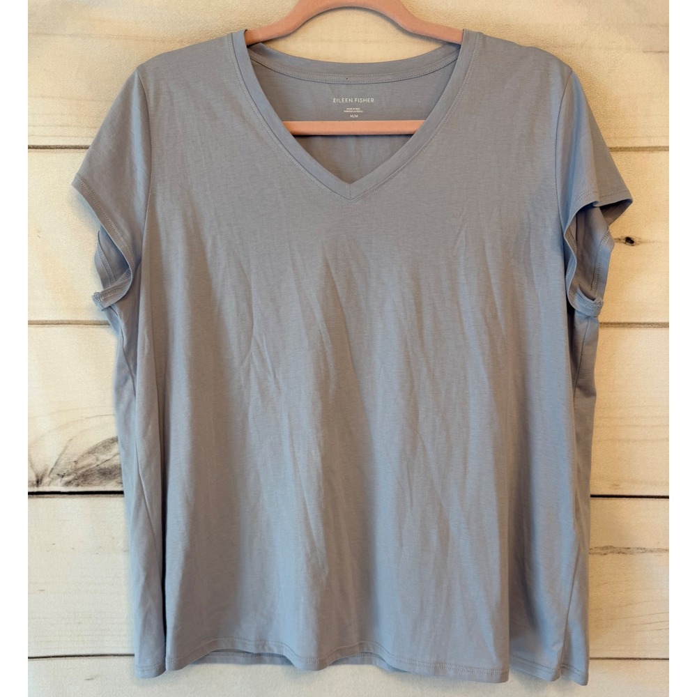 Eileen Fisher Womens Medium Blue Organic Cotton V-Neck Short Sleeve Tee Shirt